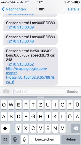 Der Bewegungssensor löst eine Übermittlung der Koordinaten per SMS aus.